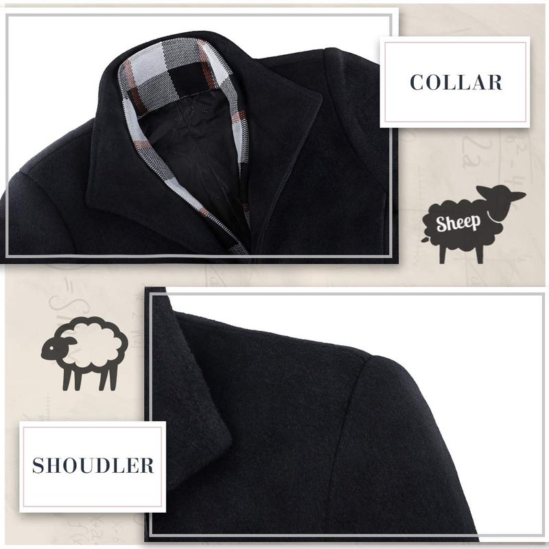 iCKER Mens Trench Coat Winter Wool Blend Jacket Overcoat Long Top Coat Warm Pea Coat-1911-Black-Large - Image 5